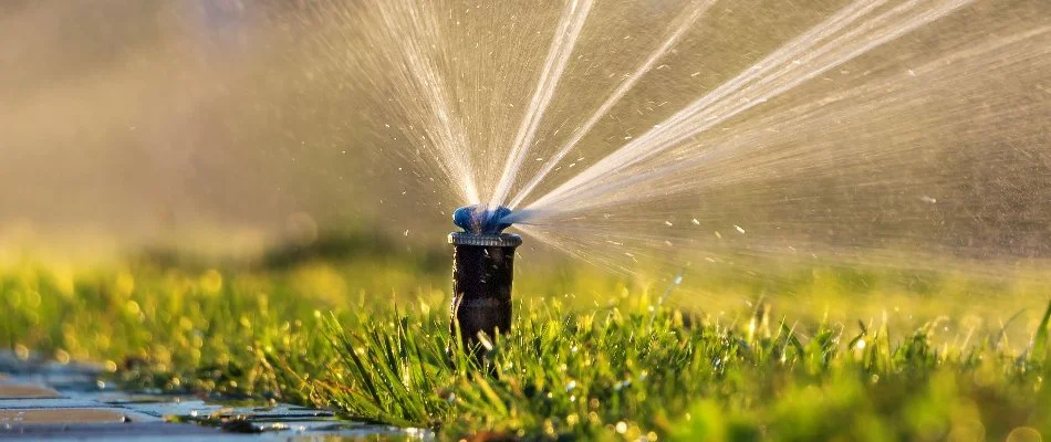 Irrigation sprinkler head watering a lawn in New Braunfels, TX.