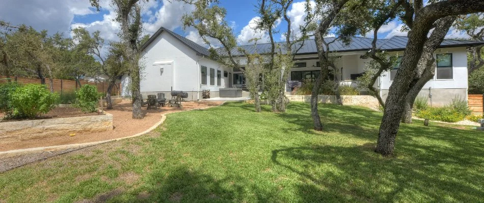 Green lawn in New Braunfels, TX, healthy trees.