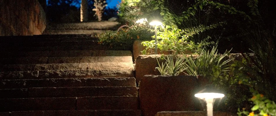 Landscape lighting along outdoor steps in New Braunfels, TX.