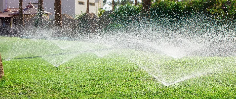 Lawn in Fischer, TX, with several irrigation sprinkler heads.