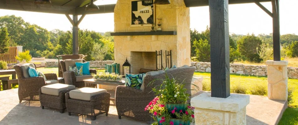 Pavilion with outdoor fireplace in Fischer, TX.